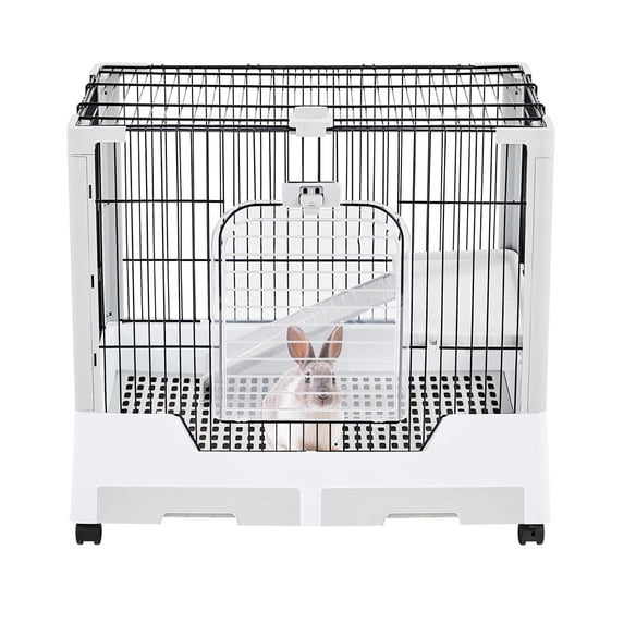 Alden Design 2 Level Rolling Wheel Rabbit Cage Small Animal Cage Habitat Platform and Ramp Indoor