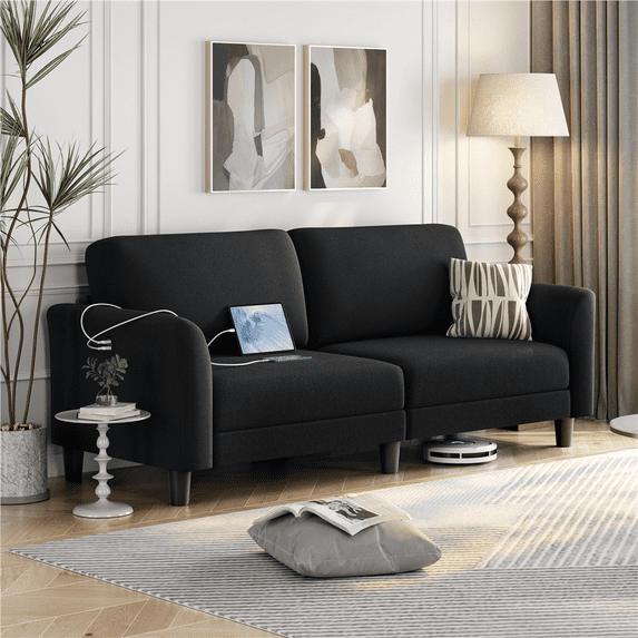 Alden Design 2-Seater 67"W Upholstered Sofa with USB Charging Ports for Living Room, Black