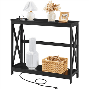 Alden Design 2-Tier Wooden Console Table with Power Outlet for Hallway Living Room, Black