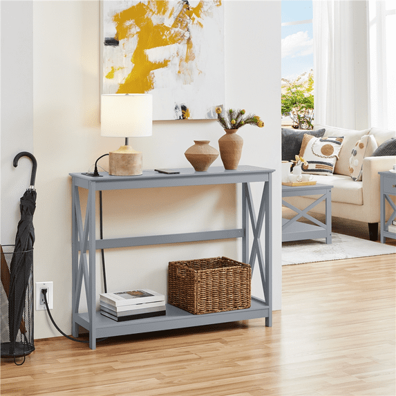 Alden Design 2-Tier Wooden Console Table with Power Outlet for Hallway Living Room, Gray