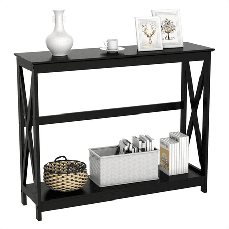 Alden Design 2-Tier X Design Wood Console Table with Shelf, Black