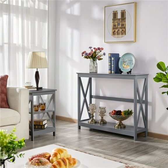 Alden Design 2-Tier X Design Wood Console Table with Shelf for Entryway Living Room, Gray