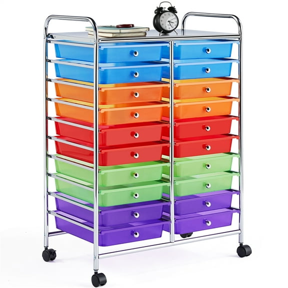 Alden Design 20-Drawer Metal Frame Storage Cart Rolling Bin with Lockable Wheels, Multicolor