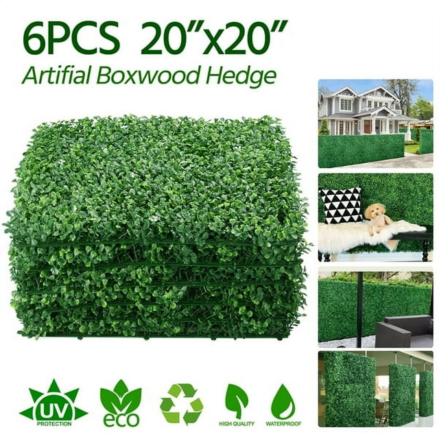 Alden Design 20" x 20" Artificial Greenery Boxwood Hedge Panel with Little White Flowers for Indoor & Outdoor(6 Pieces)
