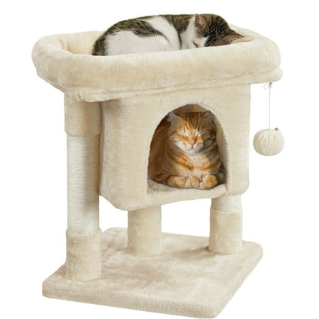 Alden Design 23in 2-Level Cat Tree Condo with Scratch Posts, Beige