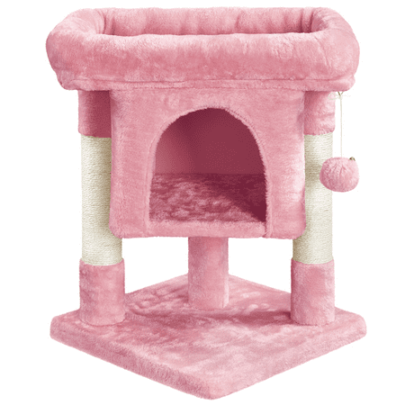 Alden Design 23.5?H 2-Level Cat Tree Condo Wide Perch Scratch Posts Indoor, Pink