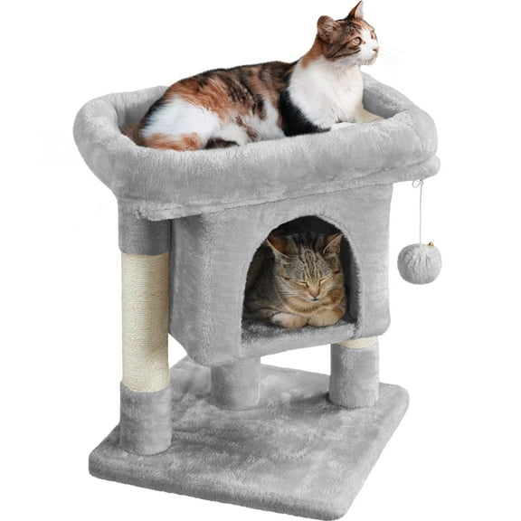 Alden Design 23in 2-Level Cat Tree Condo with Scratch Posts, Light Gray