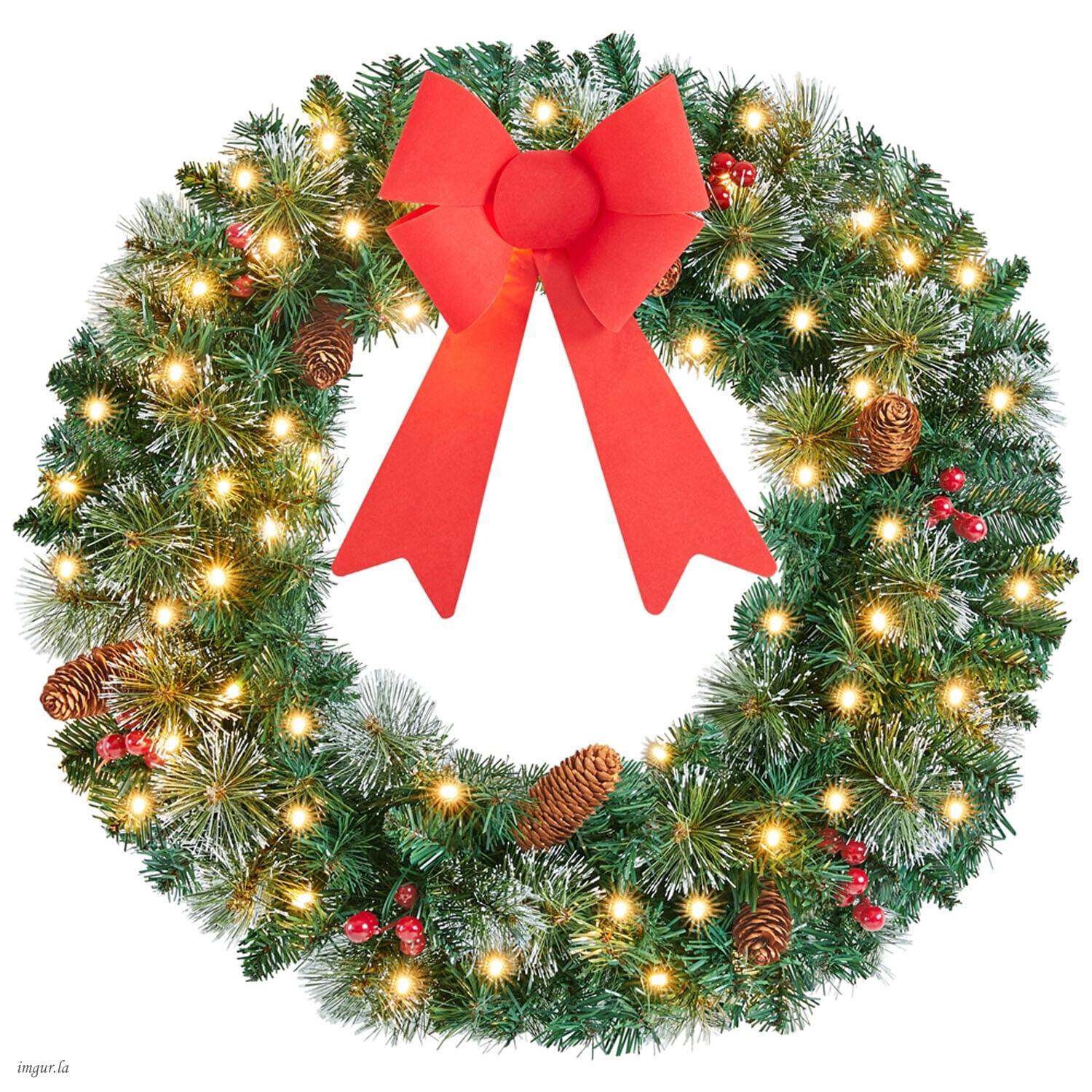 Alden Design 24 inch Artificial Pre-lit Frosted Christmas Wreath with Bowknot & Pinecones & Holly Berries & LED Lights, Green