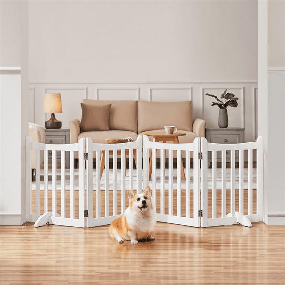 Alden Design 24″ Tall Freestanding Wooden Dog Gate with Door for Small Pet Dogs, 4-Panel, White