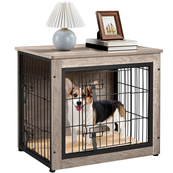Alden Design 27.5"W Dog Crate Furniture with Anti Skid Plush Mat, Gray