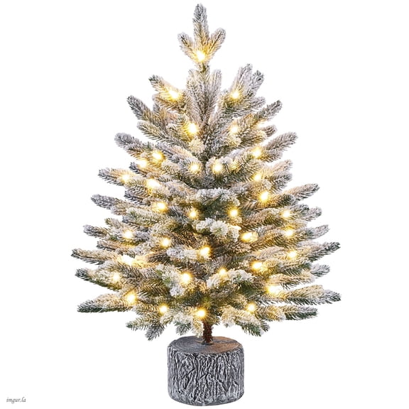 Alden Design 2FT Pre-lit Potted Flocked Tabletop Christmas Tree, Mini Artificial Xmas Tree with LED Lights, Stand and Protective Sheet, Green & White