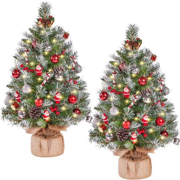 Alden Design 2ft Pre-Lit Frosted Tabletop Christmas Trees with Pinecones, Set of 2, Green