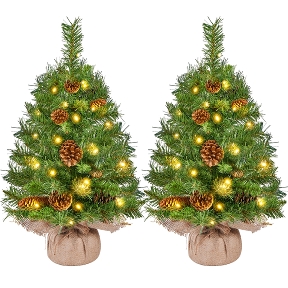 Alden Design 2ft Pre-Lit Tabletop Christmas Tree with Pinecones, Set of 2, Green