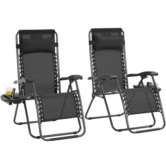 Alden Design 2pcs 26in Foldable Outdoor Zero Gravity Chair with Cupholder/Pillow, Black