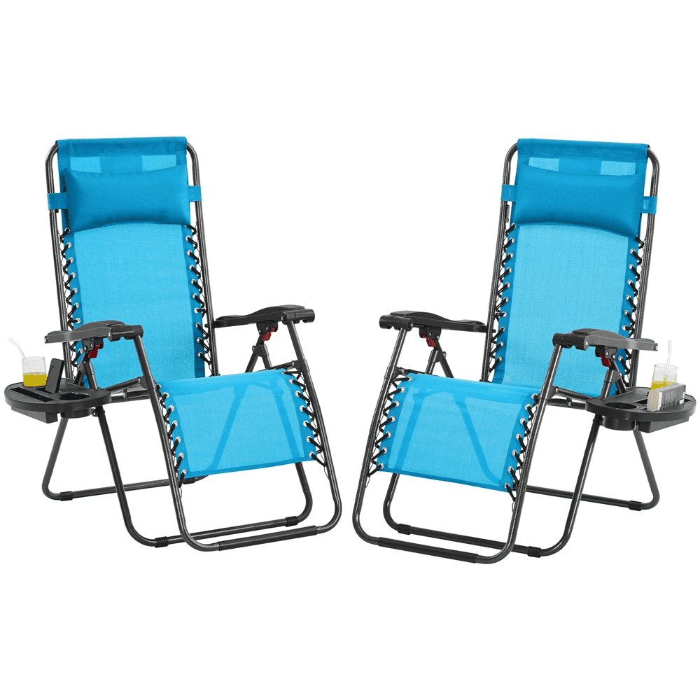 Alden Design 2pcs 26in Foldable Outdoor Zero Gravity Chair with Cupholder/Pillow, Light Blue