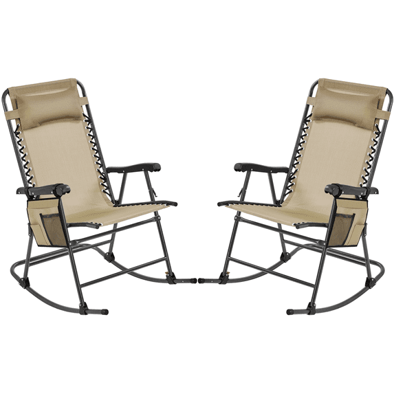 Alden Design 2pcs Foldable Texteline Zero Gravity Rocking Chair with Pillow for Outdoor, Beige
