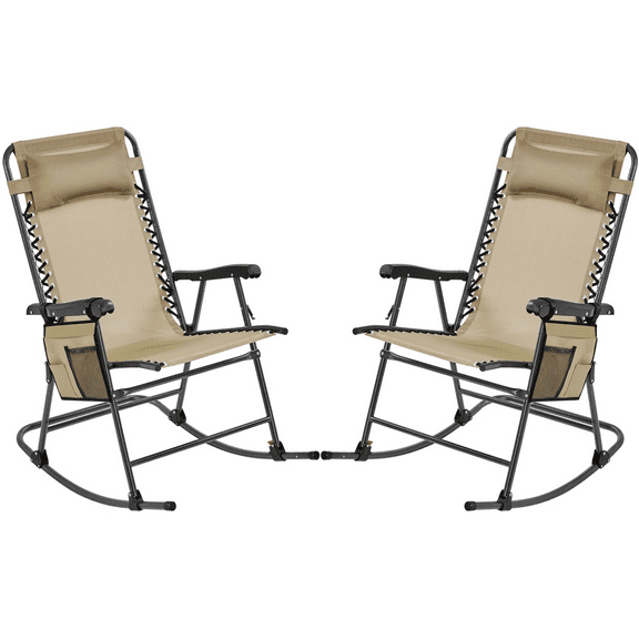 Alden Design 2pcs Foldable Texteline Zero Gravity Rocking Chair with Pillow for Outdoor, Beige