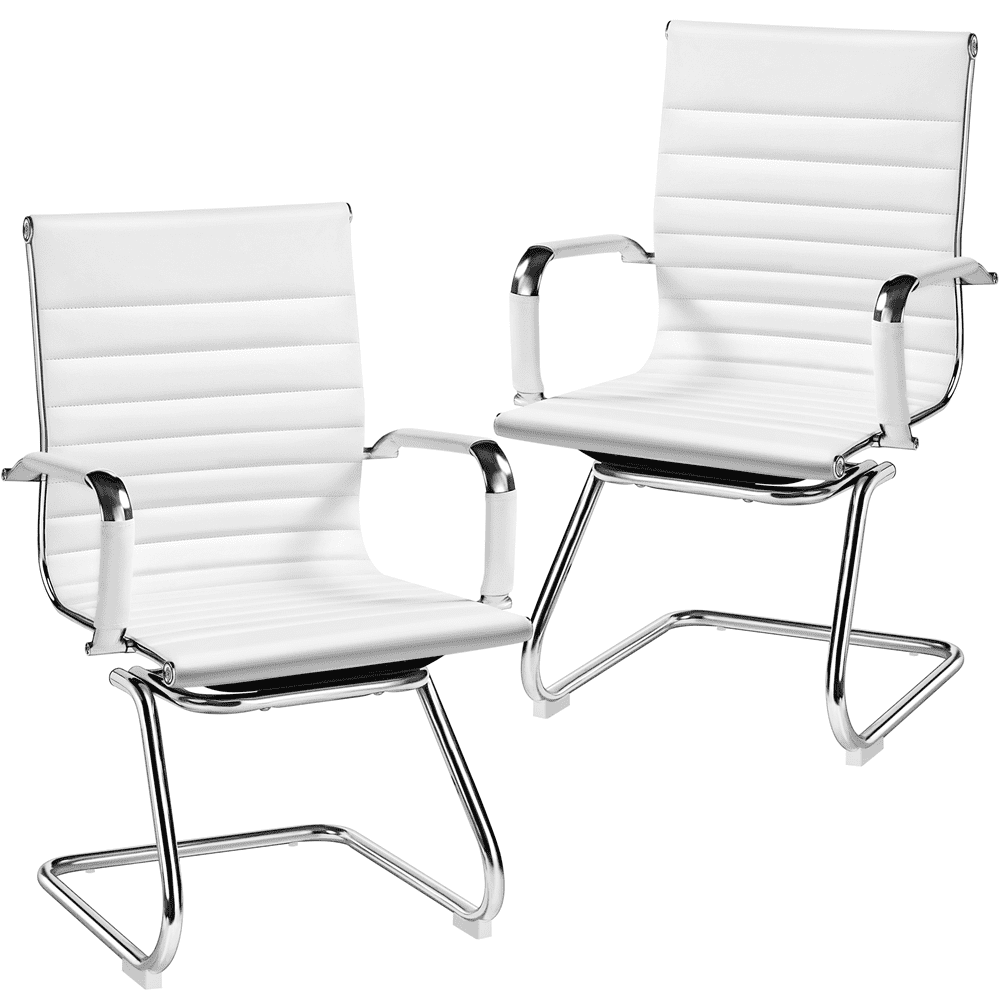 Alden Design 2pcs Mid-back Ergonomic Office Reception Chair with Sled Metal Base, White