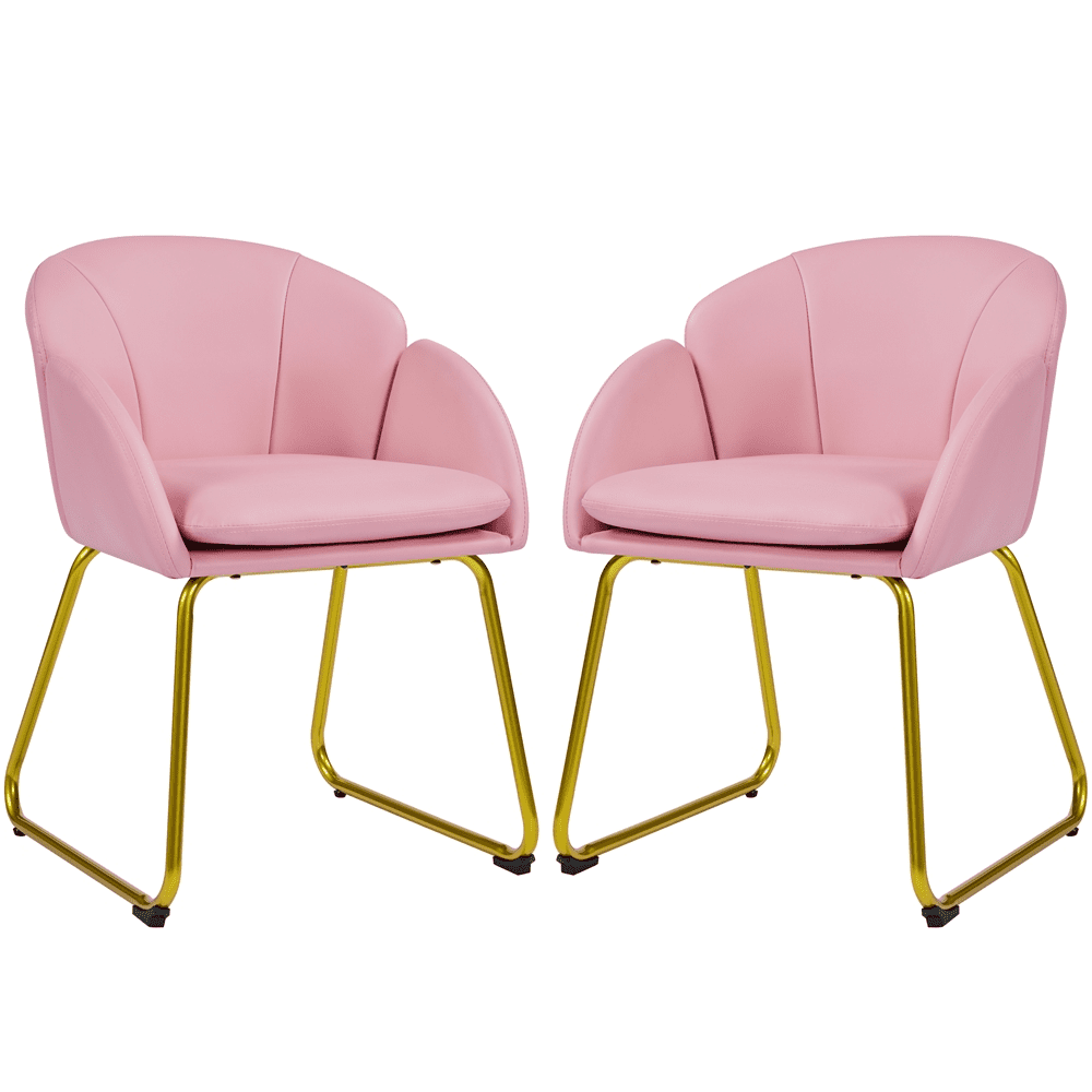 Alden Design 2pcs Modern Faux Leather Accent Chair with Golden Metal Legs for Living Room, Simple Pink