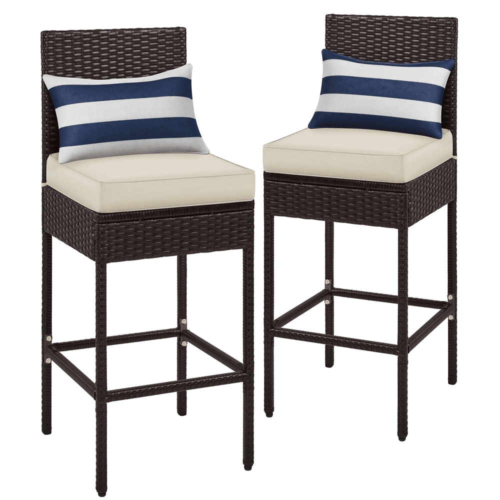 Alden Design 2pcs PE Rattan Bar Stool Set with Cushion for Outdoor, Brown/ Beige