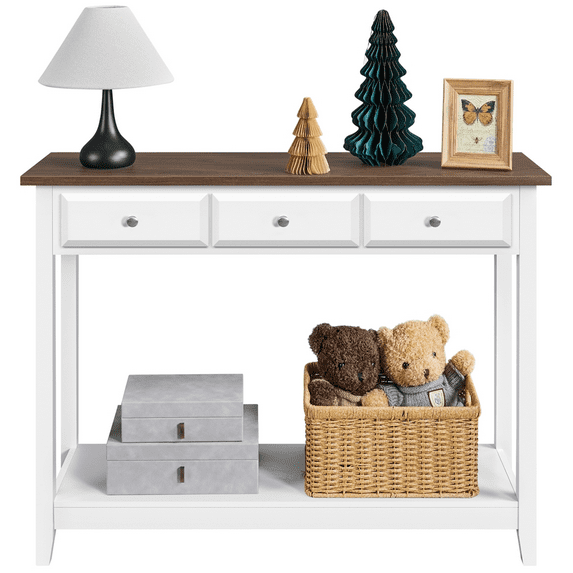 Alden Design 3 Drawer Console Table with Storage Shelf, White & Brown