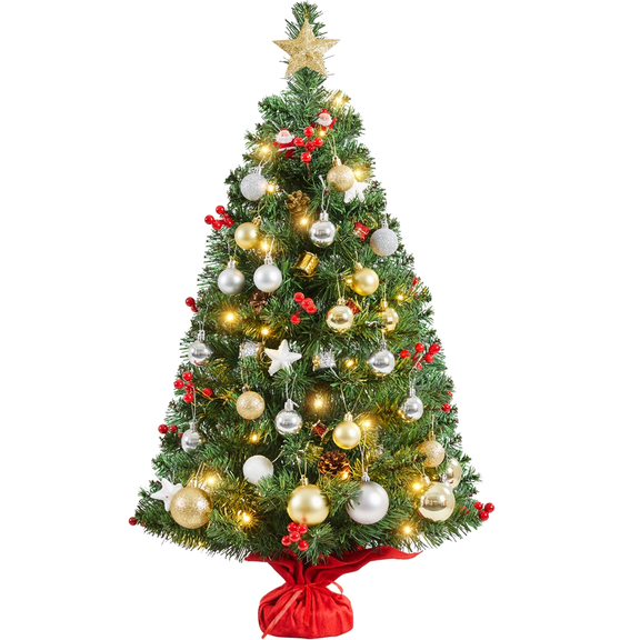 Alden Design 3 ft Christmas Tree with Warm Lights and Red Berries, Green