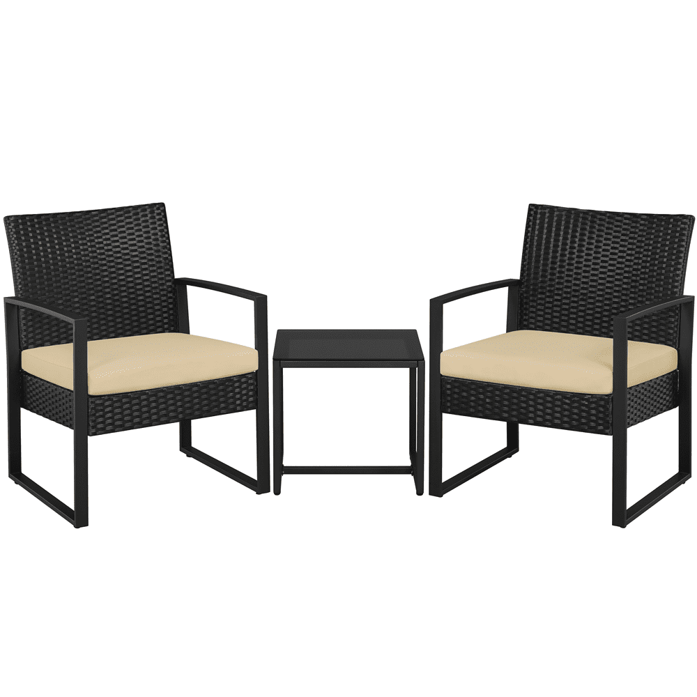 Alden Design 3-Piece Bistro Set with Rattan Chairs for Outdoor Patio and Balcony, Beige Cushions