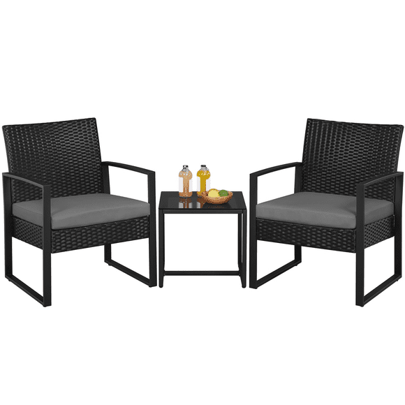 Alden Design 3-Piece Bistro Set with Rattan Chairs for Outdoor Patio and Balcony, Black Cushions