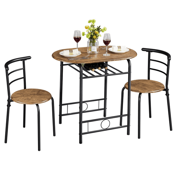 Alden Design 3 Piece Modern Round Dining Table Set with Steel Legs for Kitchens, Brown