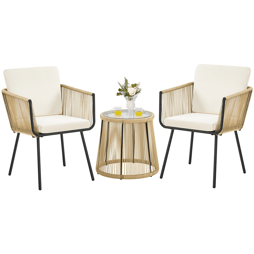 Alden Design 3-Piece Outdoor Metal Frame Wicker Bistro Set 2 Chairs and Tempered Glass Top Side Table, Tan