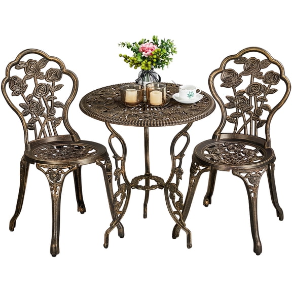 Alden Design 3-Piece Rose Pattern Metal Outdoor Bistro Set with Umbrella Hole, Bronze