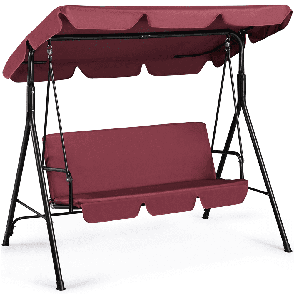 Alden Design 3-Seat Outdoor Patio Swing Chair with Adjustable Canopy for Garden, Burgundy