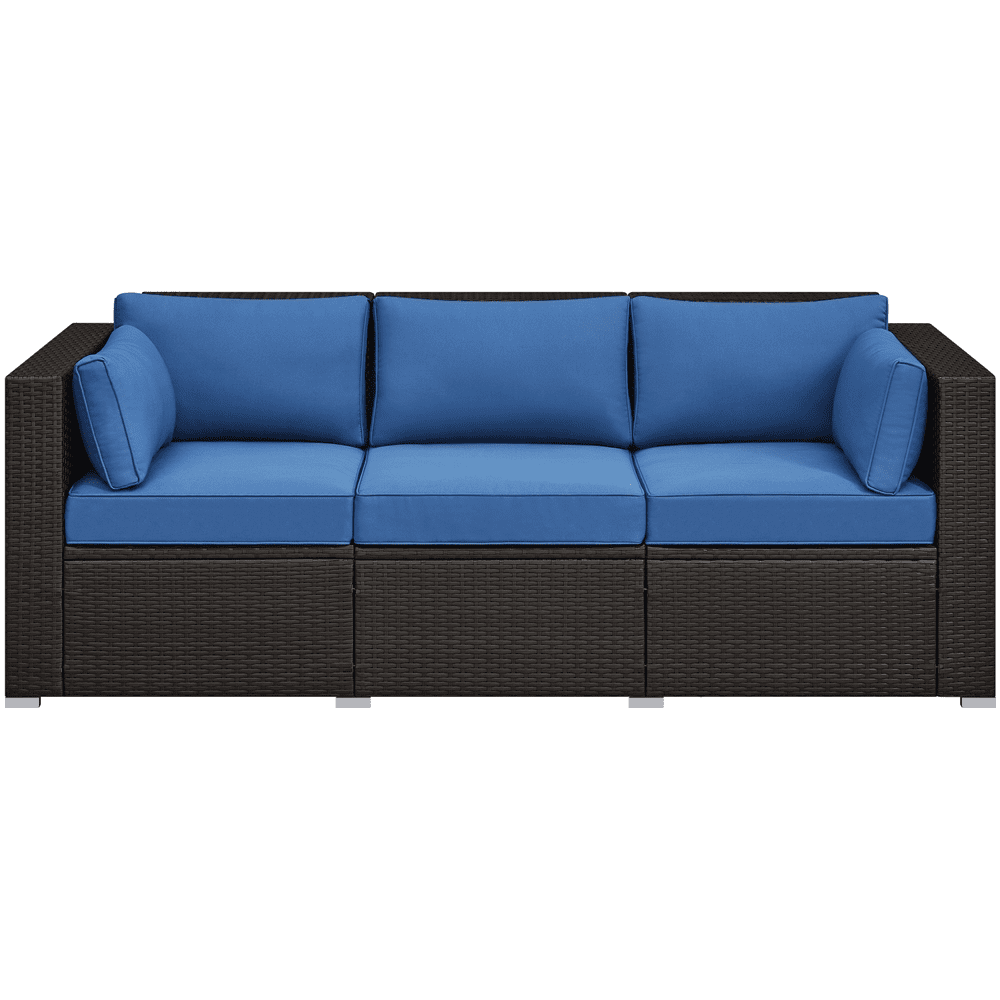 Alden Design 3-Seater Patio Resin Wicker Sofa with Throw Pillows for Yard, Brown/Dark Blue