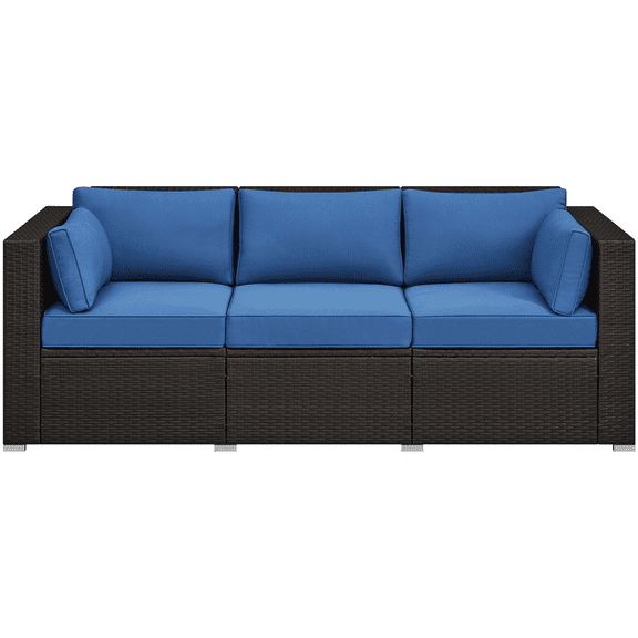 Alden Design 3-Seater Patio Resin Wicker Sofa with Throw Pillows for Yard, Brown/Dark Blue