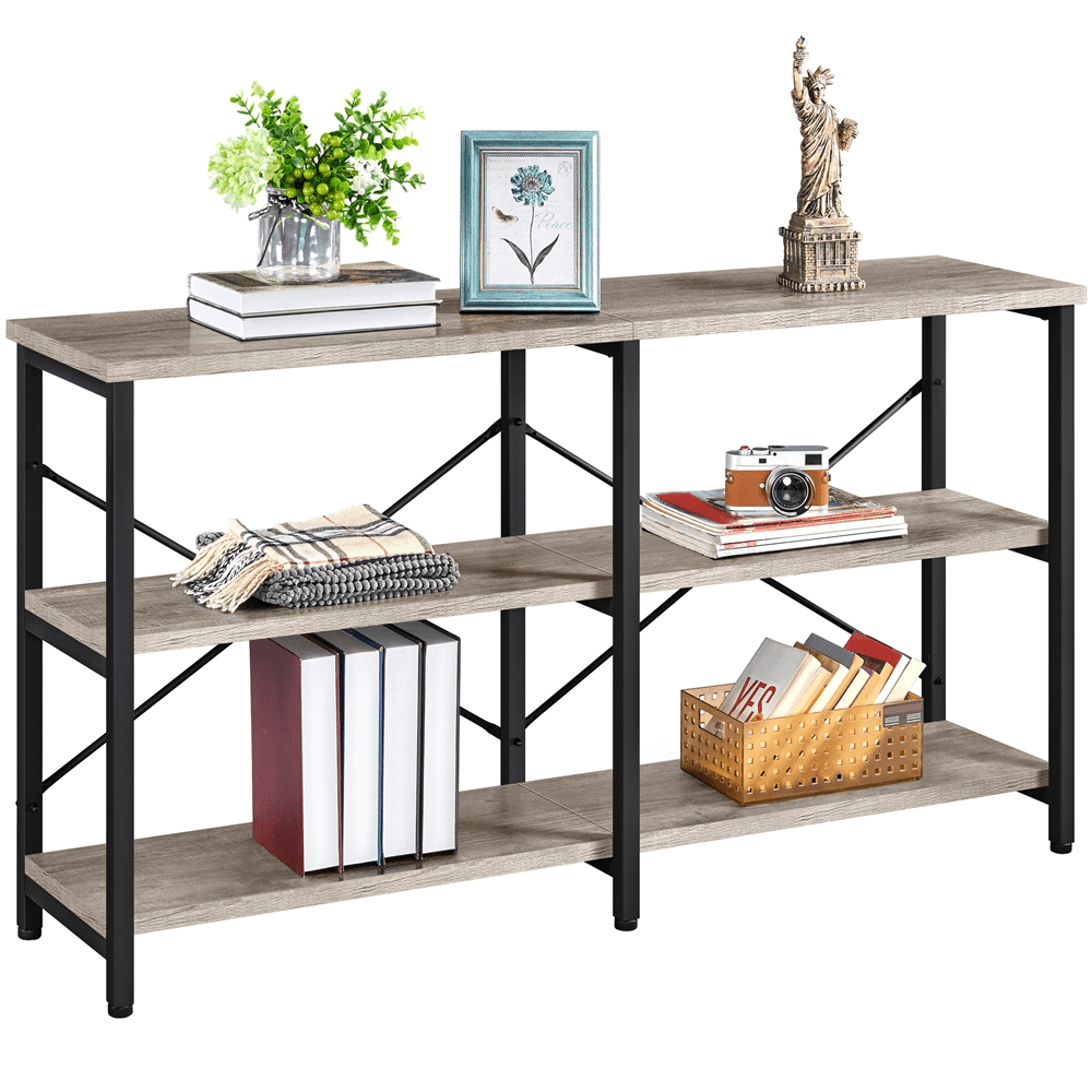 Alden Design 3-Tier Industrial Wooden Console Table with Metal Frame for Living Room, Rustic Gray