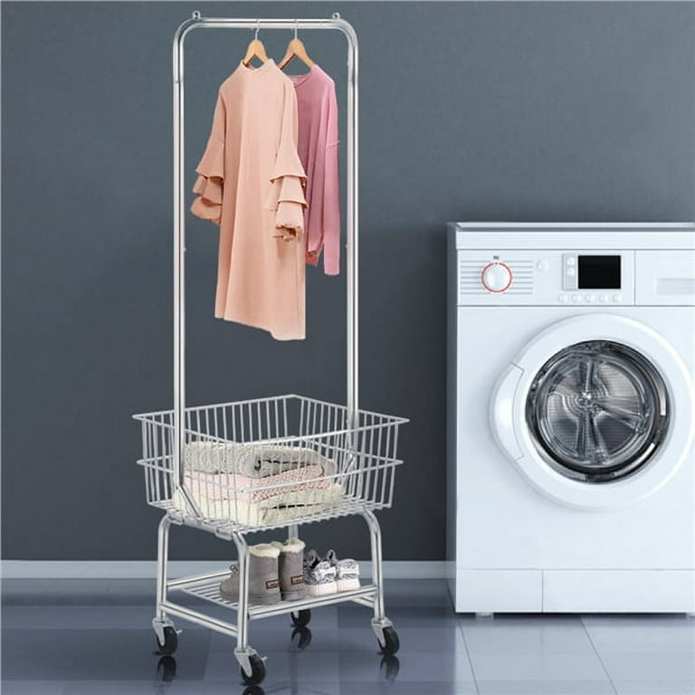 Alden Design 3 Tier Rolling Chrome Metal Laundry Cart with Hanging Bar