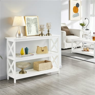 Alden Design 3 Tier Wooden X-Design Console Table with Storage Shelves, White