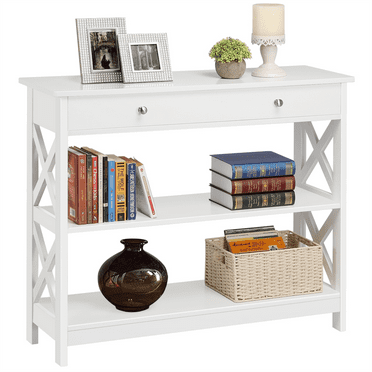 Alden Design 3-Tier X-Design Wood Console Table with Storage Drawer, White