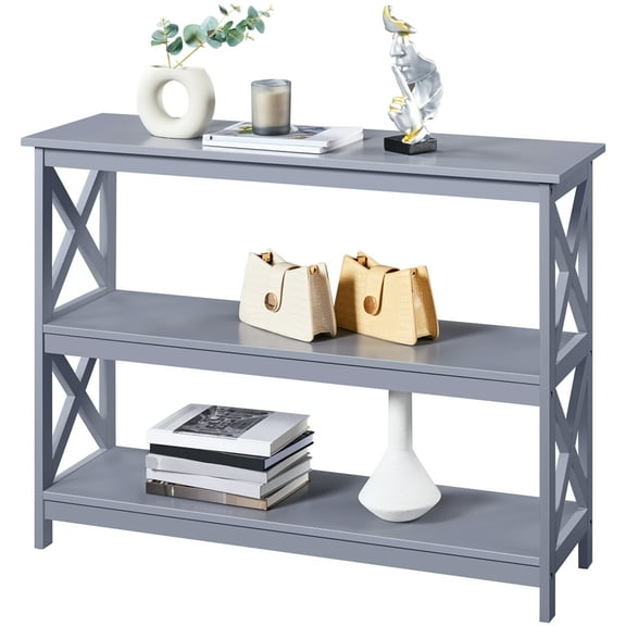 Alden Design 3-Tier X-Design Wooden Console Table with Storage Shelves for Entryway, Gray