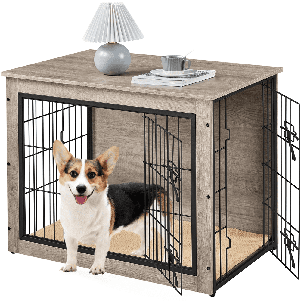 Alden Design 32" W Rustic Industrial Dog Crate with Anti-Skid Plush Mat For Medium-Sized Dogs, Gray
