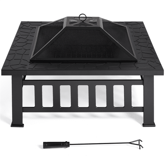 Alden Design 34'' Metal Square Fire Pit Stove Brazier for Graden with Cover & Poker, Black