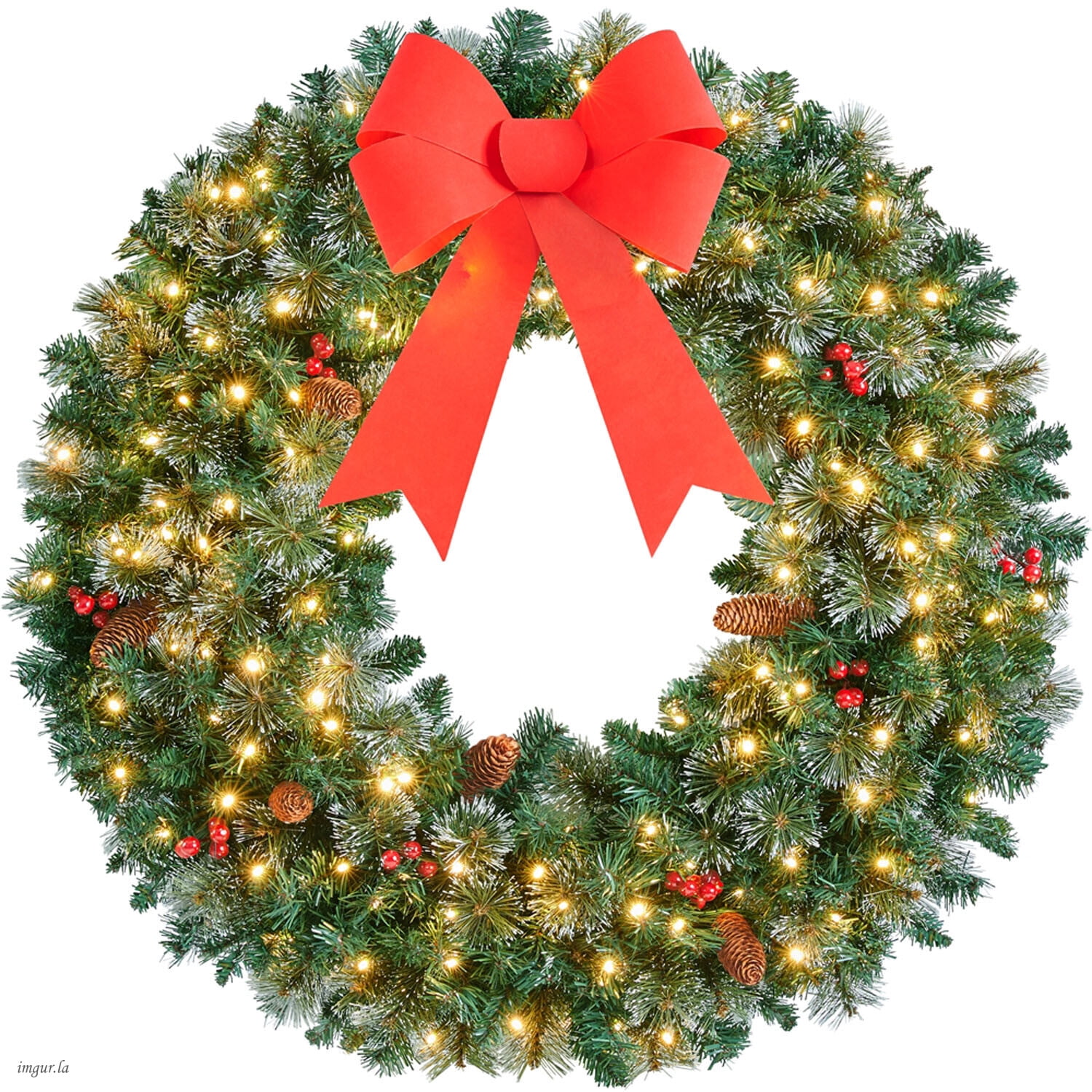 Alden Design 36 Inch Artificial Pre-lit Frosted Christmas Wreath with Bowknot & Pinecones & Holly Berries & LED Lights, Green