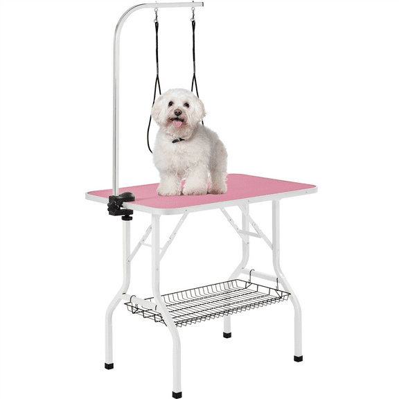 Alden Design 36"L Adjustable Foldable Pet Grooming Table, Pink
