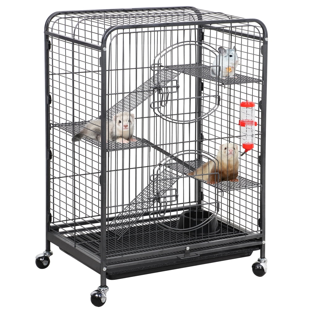 SMILEMART Alden Design 37"H Metal 4-Tier Rolling Small Animal Cage with Pet Bowl, Black