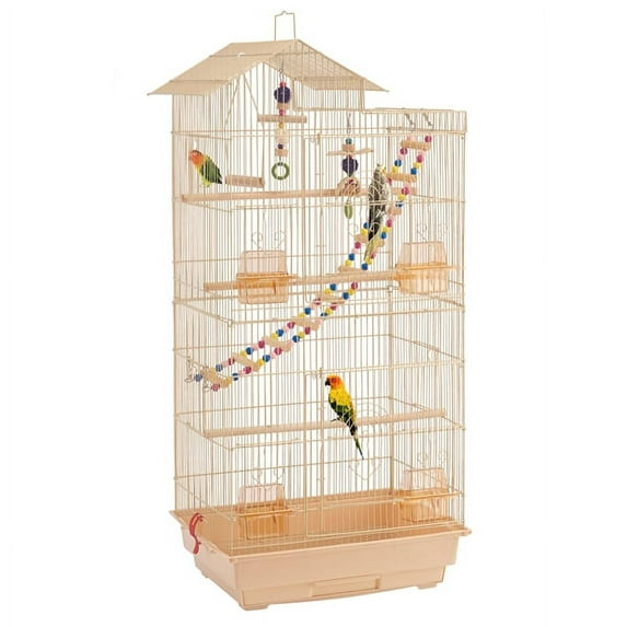 Alden Design 39"H Metal Large Roof Top Parrot Cage with Perches and Toys, Almond
