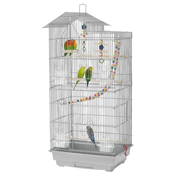 Alden Design 39"H Metal Large Roof Top Parrot Cage with Perches and Toys, Light Gray