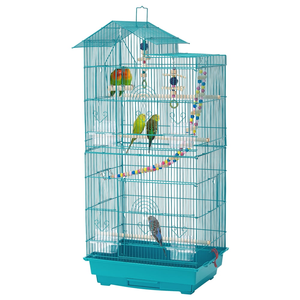 Alden Design 39"H Metal Large Roof Top Parrot Cage with Perches and Toys, Teal Blue