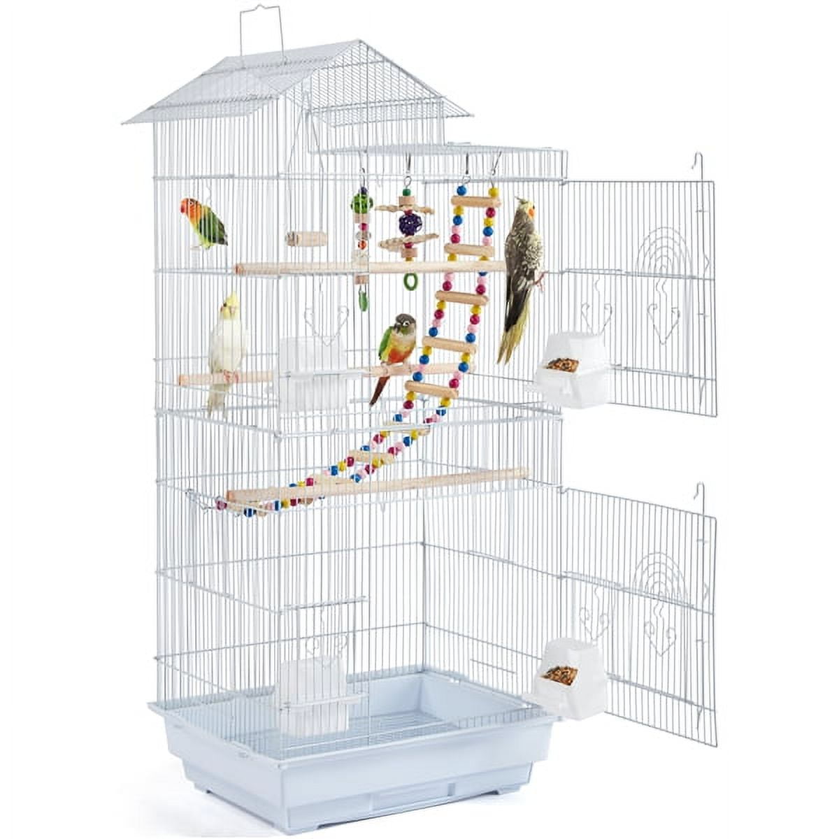 Free Shipping Alden Design 39 H Metal Large Roof Top Parrot Cage with Perches and Toys White Walmart