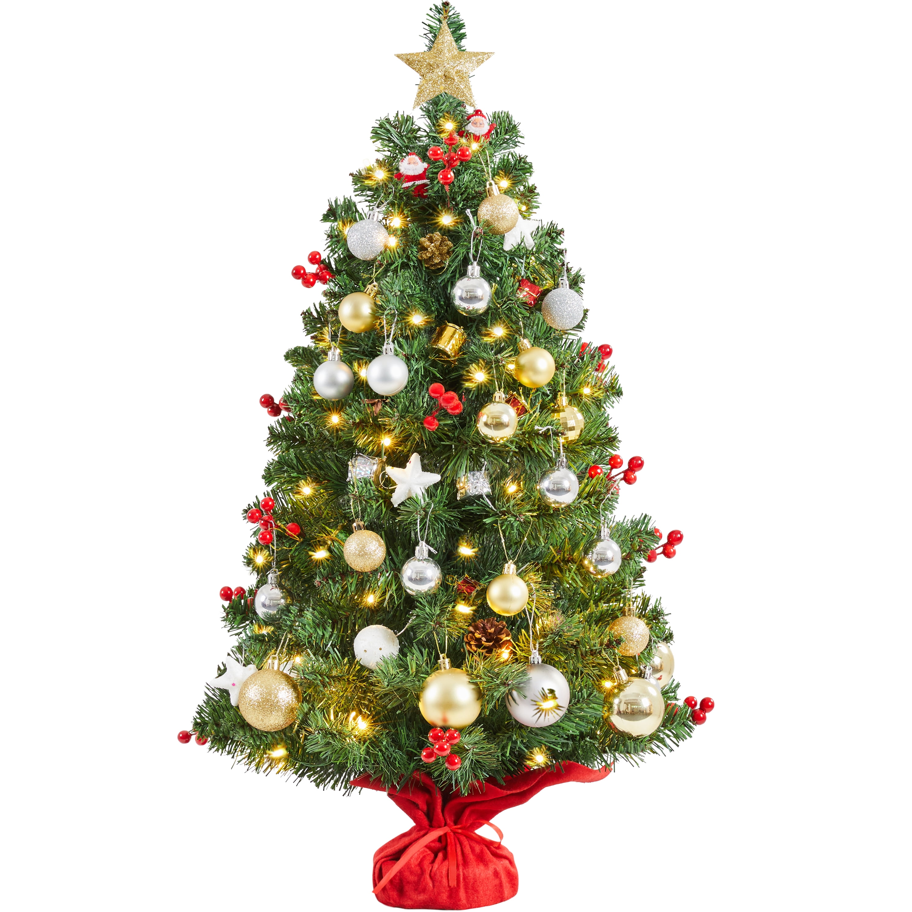 Alden Design 3FT Tabletop Artificial Christmas Tree with LED Lights and Concrete Base, Red Berries Holiday Decoration, Green