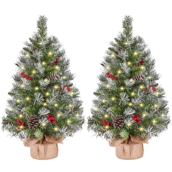 Alden Design 3Ft Pre-Lit Frosted Tabletop Christmas Trees with Pinecones, Set of 2, Green
